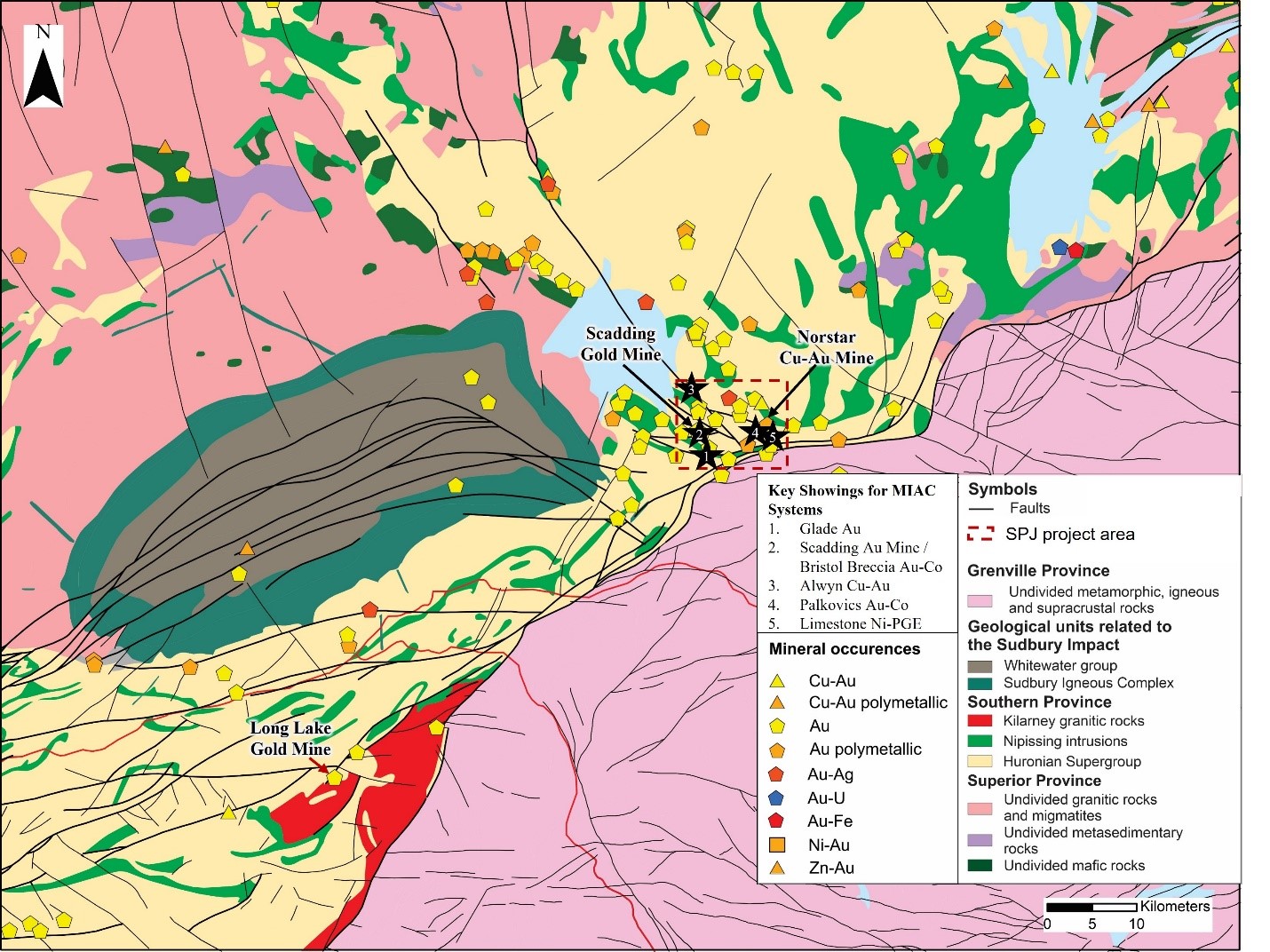 Regional geology of the Sudbury area. Geology from Ontario Geological Survey (2011) and mineral occurrences from Ontario Geological Survey (2023).