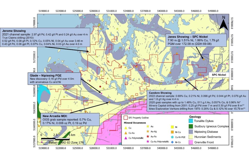 Ni-Cu-PGE prospects on and adjacent to the SPJ Property. OGS geology from MRD126. *The reader is cautioned that grab samples are selective by nature and do not represent the true metal content of the mineralized zone. **Only Pd assays reported by Minera Capital (41I09NW2039) & only Ni & Cu assays reported by Idrex Exploration (41I09NW0055). The reader is cautioned that the qualified person has not done enough work to verify the historical results.