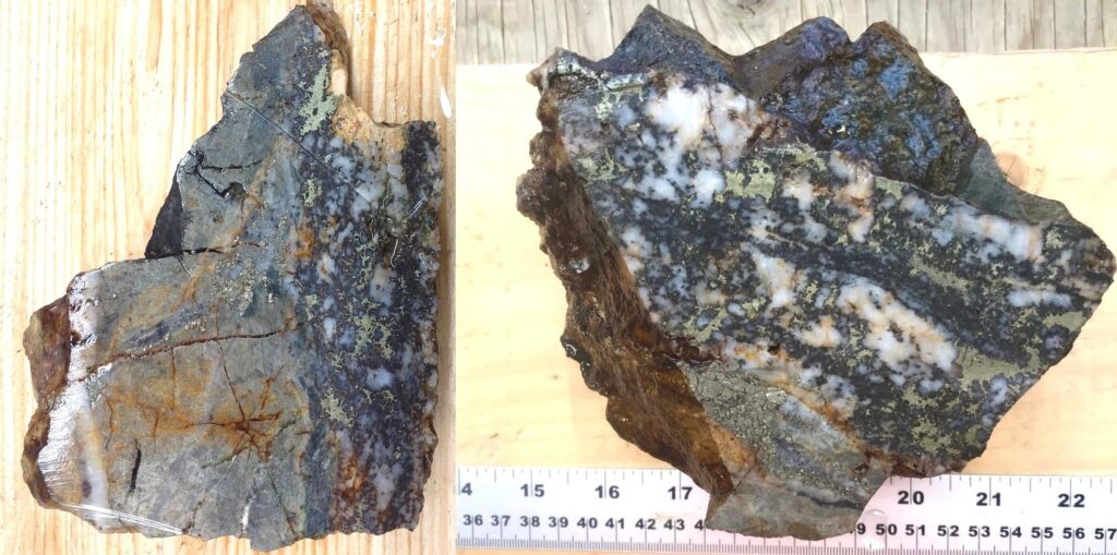 Grab samples illustrating Cu-Au-Ag mineralization associated with Qtz-Cb veining of the Alwyn Mine containing 2.59 g/t Au, 2.15% Cu *& 1.53 g/t Ag (sample 610118).