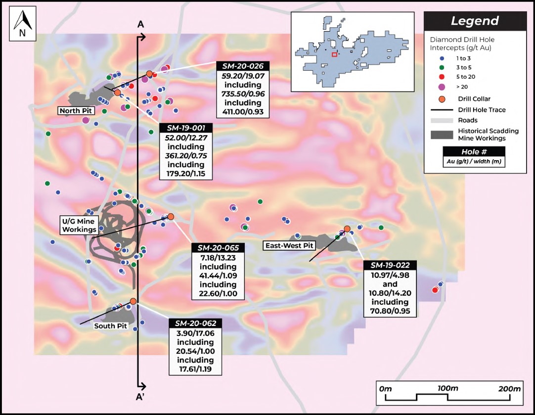 IP survey over the Scadding mine demonstrating tight folding (axial traces oriented east-west) and significant drill intercepts by MacDonald Mines in 2019-2020.