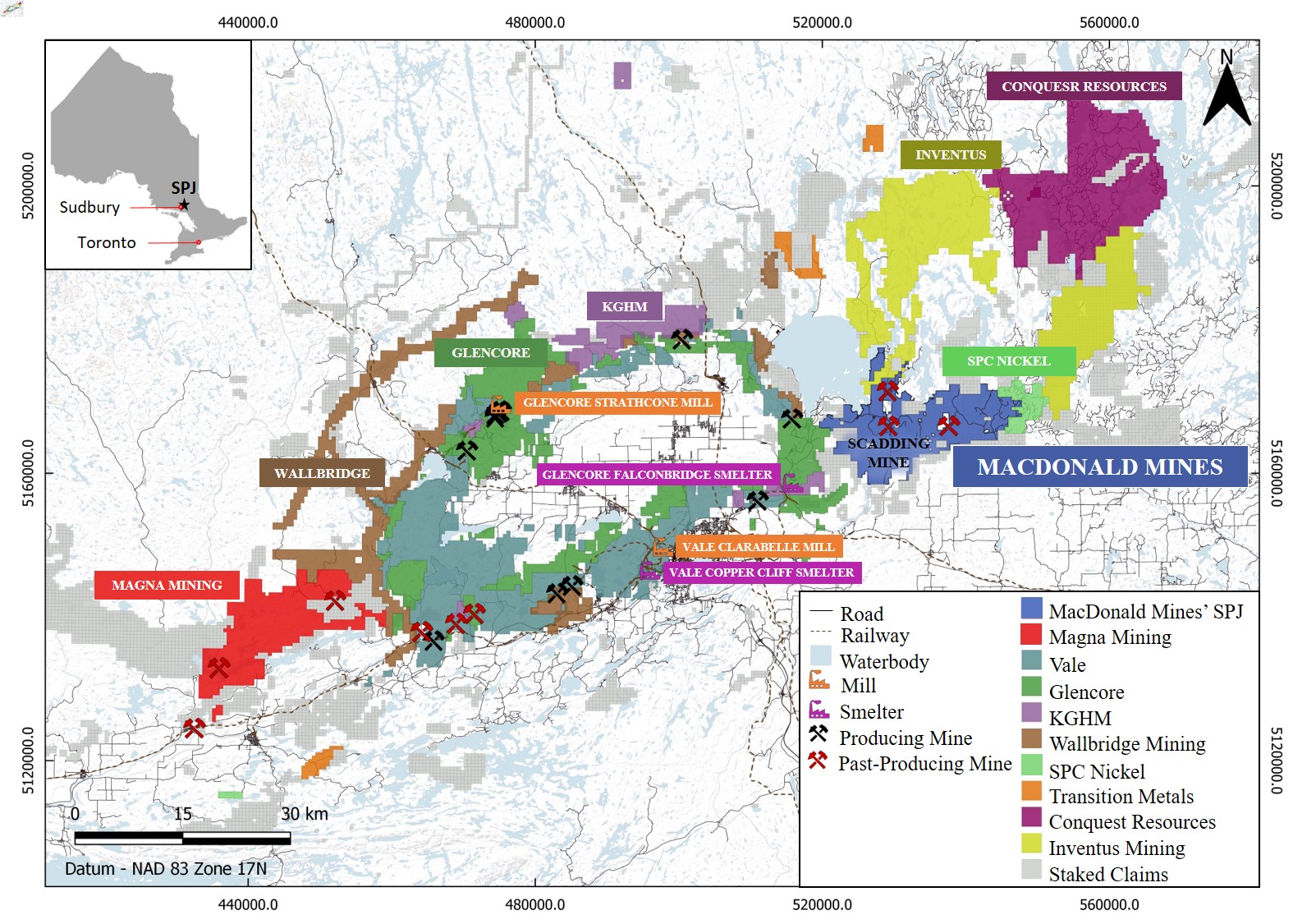 Significant exploration and infrastructure around the Sudbury Mining District. *The reader is cautioned that the above information is not necessarily indicative of comparable mineralization on BMK’s SPJ property.